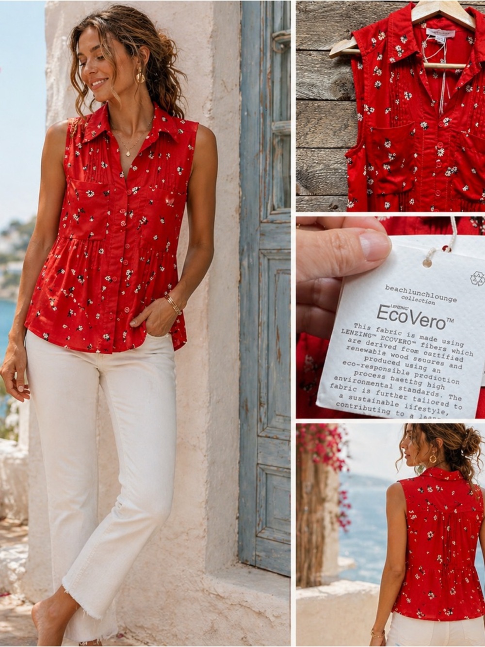 BeachLunchLounge EcoVero Red Daisy Button Front Sleeveless  Top XS NWT